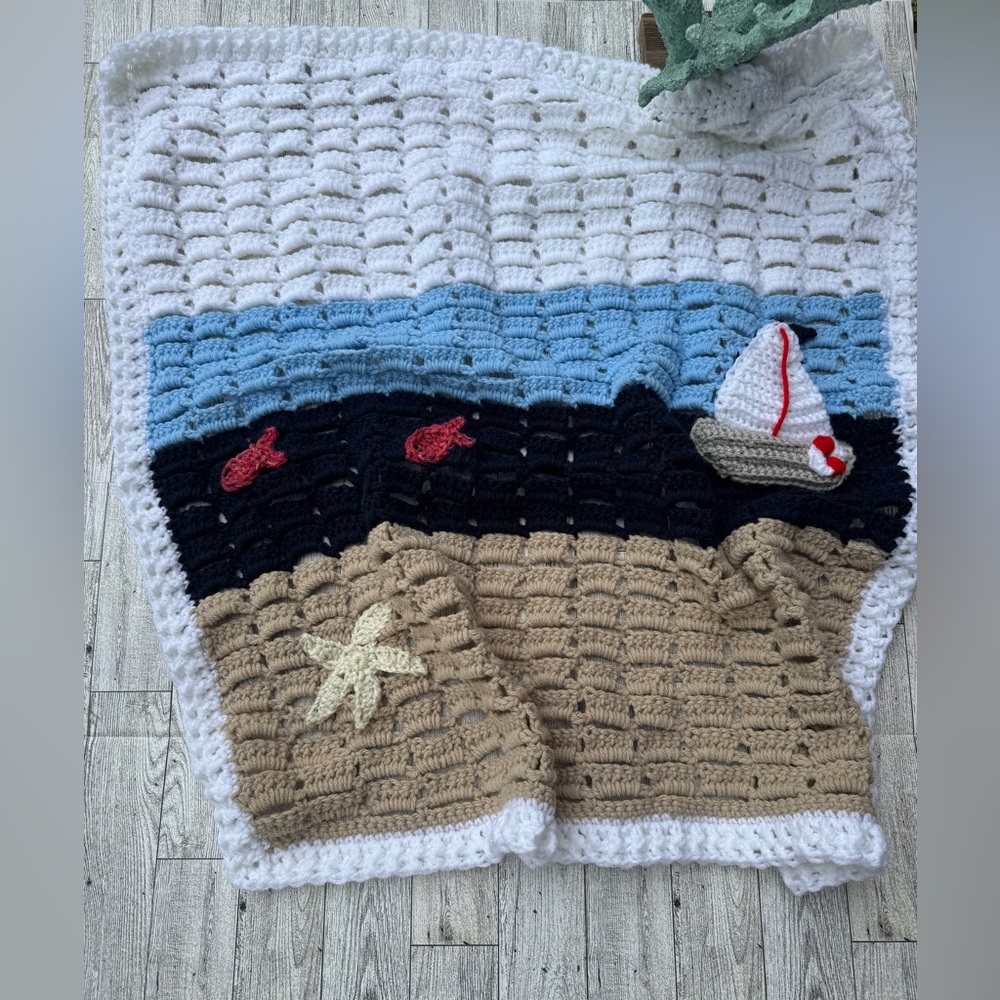 Handmade crochet blanket - baby snuggle blanket - beach theme blanket